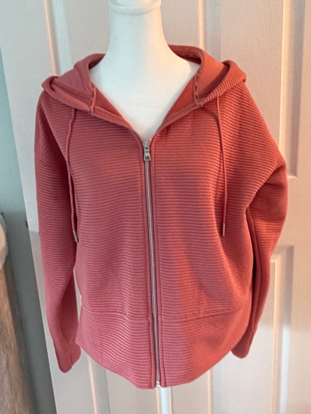 DKNY Ribbed Zip-Up Hooded Sweater Jacket - Rose